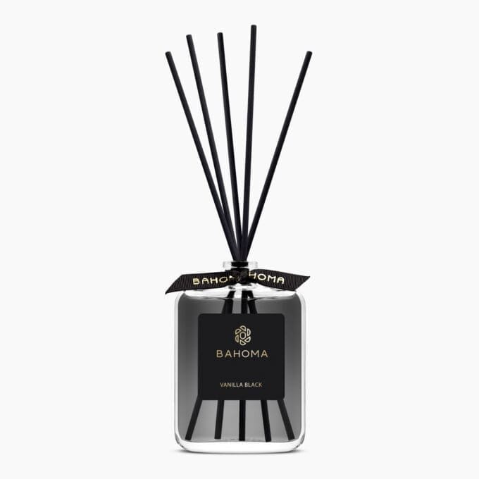 100ml-fragranced-diffuser-obsidian-collection-with-black-liquid-black-label-with-gold-foiled-branding-with-black-ribbon-with-gold-branded-puff-print-and-black-reeds-fragrance-vanilla-black