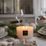 Noel Noel White 3 wick candle in table setting