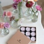 Velvet Peony & Cashmere Nine Lights Candle Set from the Alchemy Collection. Image showing open box with nine mini candles in light pink.